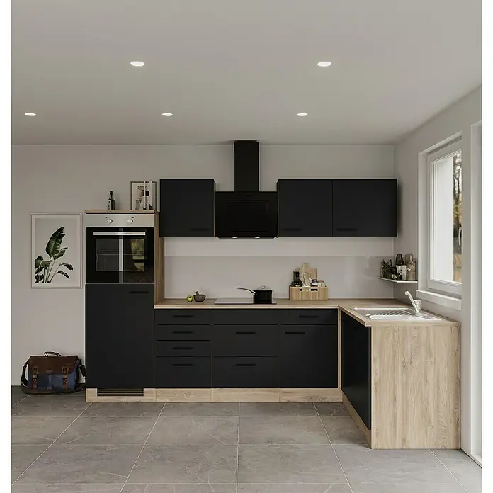 Flex-Well Winkelküche Capri - B x T: 280 x 170 cm, Schwarz, Mit Elektrogeräten, Edelstahlspüle - Moderne Küche mit schwarzen Schränken und Holzoberflächen, die eine stilvolle und funktionale Raumlösung bietet.