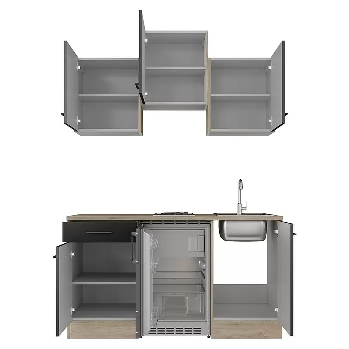 Flex-Well Singleküche Capri - Breite: 150 cm, Schwarz, Mit Elektrogeräten - Modulare Küchenzeile in heller Holzoptik und Dunkelgrau, mit offenen Ober- und Unterschränken, integriertem Minikühlschrank, Spüle und Kochfeld.
