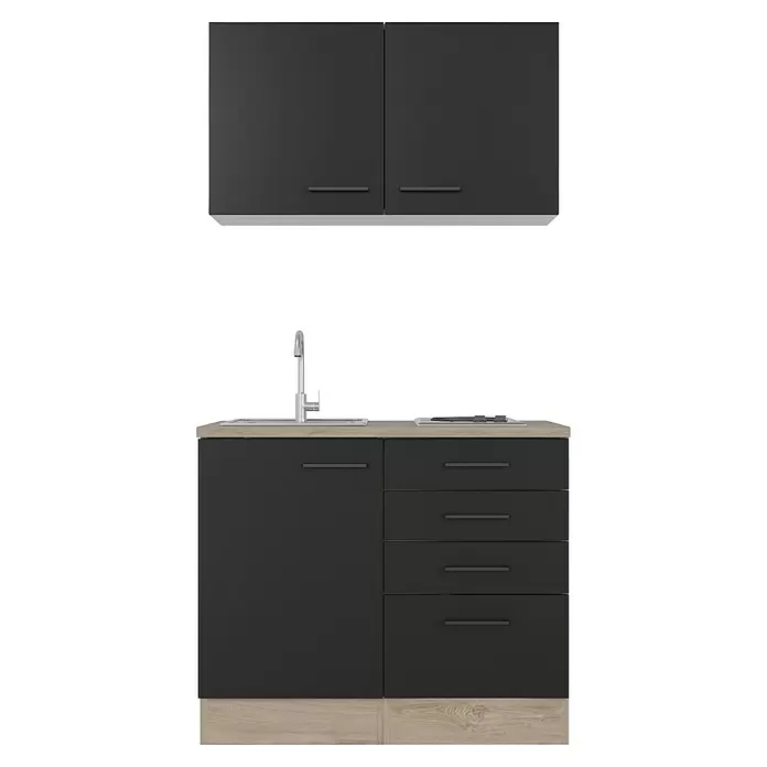 Flex-Well Miniküche Capri - Breite: 100 cm, Schwarz, Mit Elektrogeräten - Dunkelgraue Küchenzeile mit heller Holzoptik-Arbeitsplatte, Spüle und Kochfeld, Oberschränken und Schubladen.
