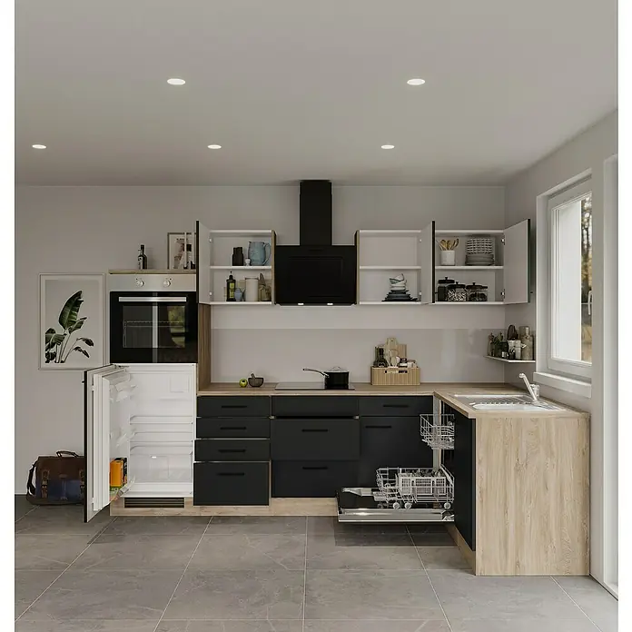 Flex-Well Winkelküche Capri - B x T: 280 x 170 cm, Schwarz, Mit Elektrogeräten, Edelstahlspüle - Moderne Küche mit schwarzen Schränken, hellen Arbeitsplatten und eingebauten Geräten. Einbaukühlschrank und offener Geschirrspüler sind zu sehen.