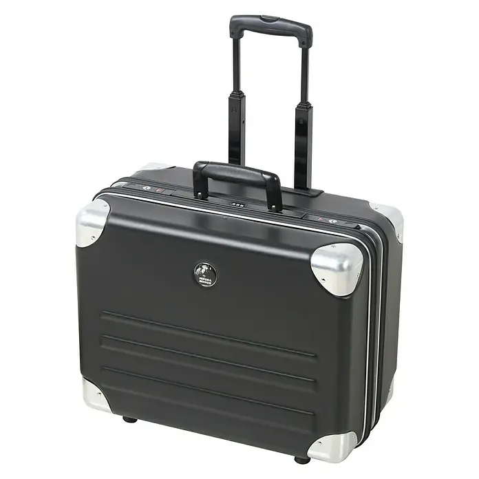 Hepco & Becker Werkzeugkoffer Robust 5775 - L x B x H: 430 x 540 x 300 mm, High Density Polyethylen (HDPE) - Schwarzer Pilotenkoffer mit Teleskopgriff und silbernen Eckverstärkungen für sicheren Transport.