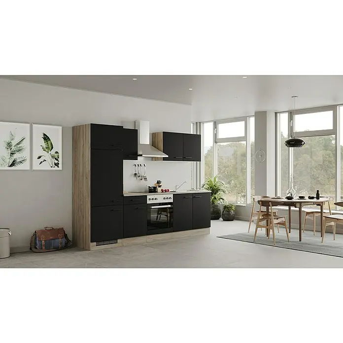 Flex-Well Küchenzeile Capri - Breite: 270 cm, Schwarz, Mit Elektrogeräten - Modernes Küchendesign mit schwarzen Schränken und Holzakzenten, ergänzt durch einen Esstisch und Stühle.