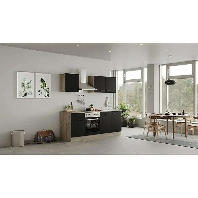 Flex-Well Singleküche Capri - Breite: 210 cm, Schwarz, Mit Elektrogeräten - Moderne Küche mit schwarzen Schränken, Holzelementen und Edelstahlgeräten. Ein Esstisch mit Stühlen steht in der Nähe des Fensters.