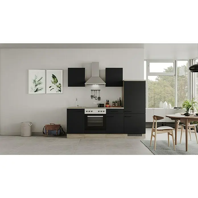 Flex-Well Küchenzeile Capri Typ 1 - Breite: 220 cm, Schwarz, Mit Elektrogeräten, Farbe Dunstabzugshaube: Silber - Das Bild zeigt eine moderne Küche mit schwarzen Schränken, einer Dunstabzugshaube aus Edelstahl und einem passenden Esstisch.