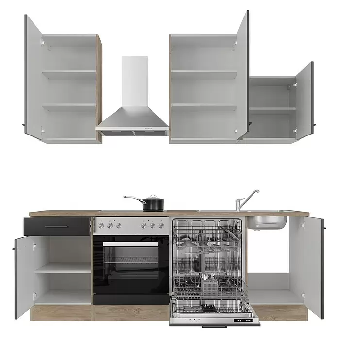 Flex-Well Küchenzeile Capri Typ 2 - Breite: 220 cm, Schwarz, Mit Elektrogeräten, Farbe Dunstabzugshaube: Silber - Modulare Küchenzeile mit offenen Ober- und Unterschränken, Backofen, Kochfeld, Geschirrspüler, Spüle und Edelstahlhaube in Hellholz, Grau und Weiß.
