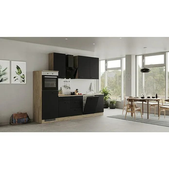 Flex-Well Küchenzeile Capri - Breite: 280 cm, Schwarz, Mit Elektrogeräten - Moderne Küche mit schwarzen Schränken, Holzelementen und einem Esstisch in einem hellen Raum mit großen Fenstern.