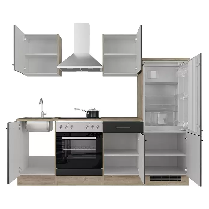Flex-Well Küchenzeile Capri Typ 1 - Breite: 220 cm, Schwarz, Mit Elektrogeräten, Farbe Dunstabzugshaube: Silber - Moderne Modulküche: helles Holz/weiße Schränke, Edelstahlspüle, Backofen und Dunstabzug. Offene Türen und Kühlschrank zeigen Innenleben.