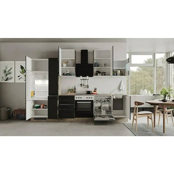 Flex-Well Küchenzeile Capri - Breite: 310 cm, Schwarz, Mit Elektrogeräten - Moderne Küche mit schwarzen und weißen Elementen, offenen Schränken und Geschirrspüler. Helles Design für kulinarische Erlebnisse.