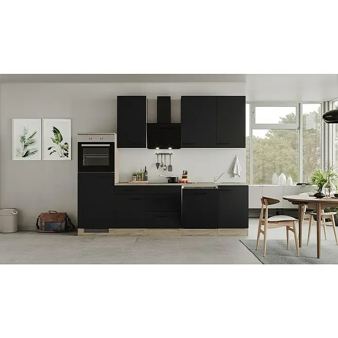 Flex-Well Küchenzeile Capri - Breite: 280 cm, Schwarz, Mit Elektrogeräten - Moderne Küche mit schwarzen Schränken, hellem Holzdekor und stilvollen Details. Inklusive Geräten und Esstisch mit Stühlen.