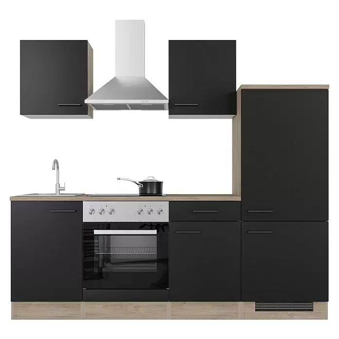 Flex-Well Küchenzeile Capri Typ 1 - Breite: 220 cm, Schwarz, Mit Elektrogeräten, Farbe Dunstabzugshaube: Silber - Moderne Küche in Schwarz und Holzoptik mit integriertem Ofen, Spüle und Dunstabzugshaube.