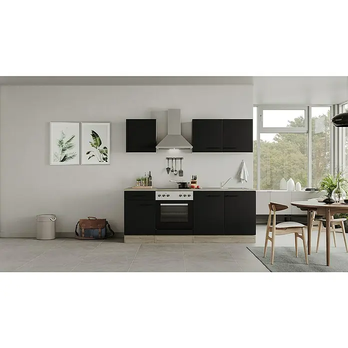 Flex-Well Singleküche Capri - Breite: 210 cm, Schwarz, Mit Elektrogeräten - Eine moderne Küche in Schwarz und Naturholz mit klaren Linien, inklusive Dunstabzugshaube und Esstisch, präsentiert ein stilvolles Ambiente.
