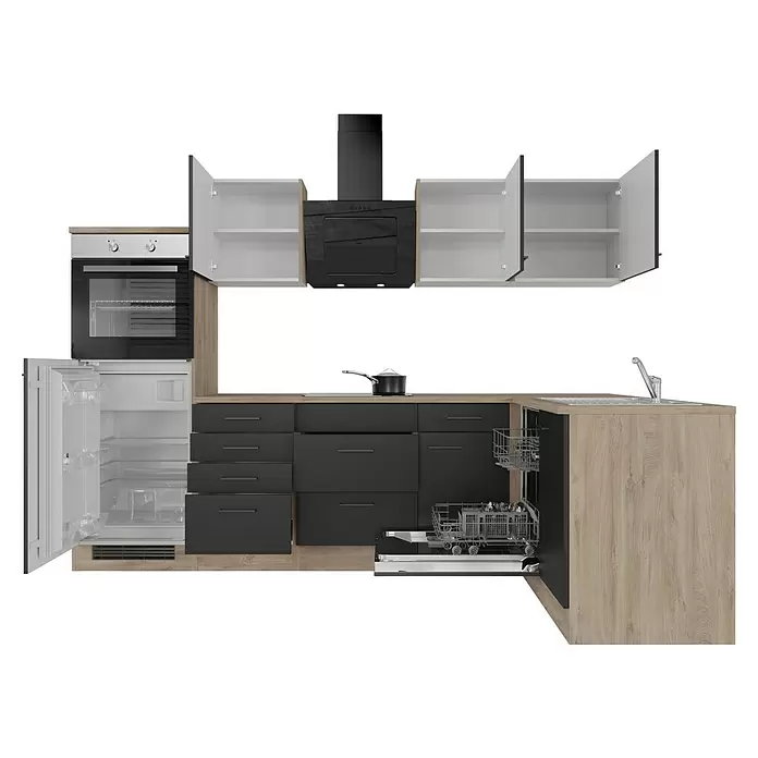 Flex-Well Winkelküche Capri - B x T: 280 x 170 cm, Schwarz, Mit Elektrogeräten, Edelstahlspüle - Moderne Küche mit hellen Holzoptik-Arbeitsplatten, dunkelgrauen Schränken, integriertem Backofen, offenem Kühlschrank, Spülmaschine, Dunstabzugshaube und offenen Hängeschränken.