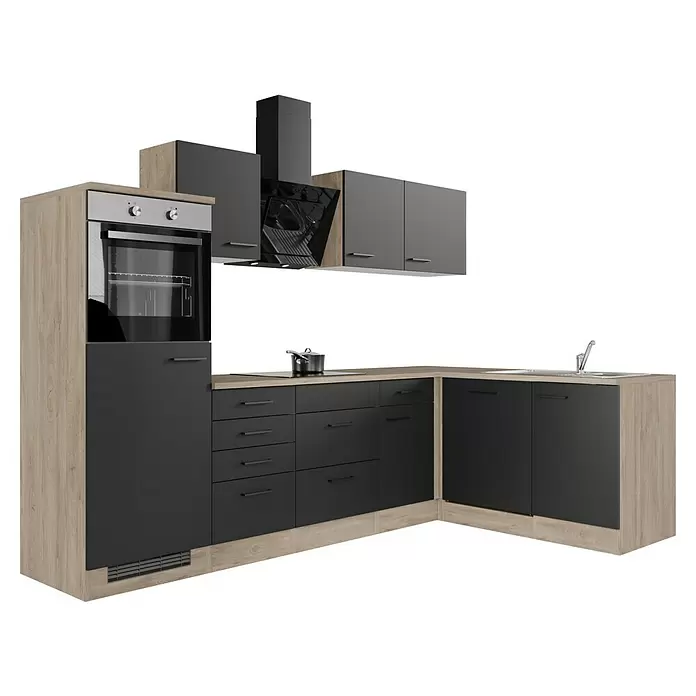 Flex-Well Winkelküche Capri - B x T: 280 x 170 cm, Schwarz, Mit Elektrogeräten, Edelstahlspüle - Moderne L-förmige Küchenzeile mit Holzdekor- und dunkelgrauen Fronten, inklusive Backofen, Kochfeld, Spüle und Dunstabzugshaube.