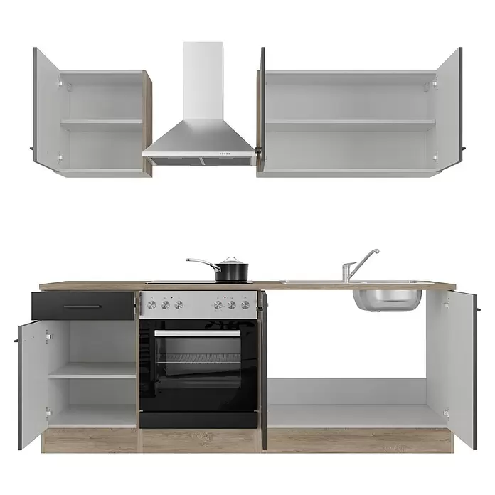 Flex-Well Singleküche Capri - Breite: 210 cm, Schwarz, Mit Elektrogeräten - Kompakte Küchenzeile mit Holzdekor- und grauen Schränken, Edelstahl-Dunstabzugshaube, integriertem Backofen, Herd und Spüle mit Wasserhahn.