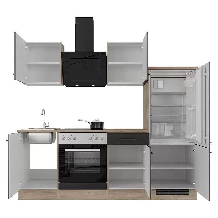 Flex-Well Küchenzeile Capri Typ 1 - Breite: 220 cm, Schwarz, Mit Elektrogeräten, Farbe Dunstabzugshaube: Schwarz - Kompakte Küchenzeile mit hellen Holz- und weißen Schränken, schwarzem Ofen, Dunstabzug und offenem Kühlschrank. Türen zeigen Innenregale.