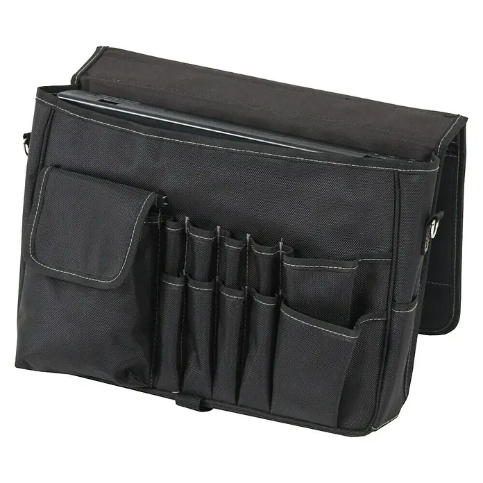 Hepco & Becker Werkzeugtasche Polytex 5851 Technikertasche - L x B x H: 100 x 390 x 300 mm, Polyester - Eine schwarze Werkzeugtasche mit mehreren Taschen und einem offenen Deckel, ideal für Handwerker und Heimwerker.