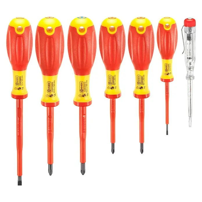 Connex Set de destornilladores para electricista COX334207 - 7 pzs., Acero - La imagen muestra un juego de destornilladores aislados ONNEX, ideal para trabajos eléctricos.
