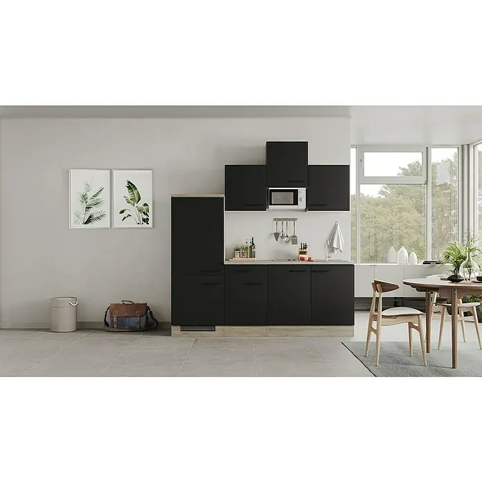 Flex-Well Singleküche Capri - Breite: 210 cm, Schwarz, Mit Elektrogeräten, Mit Mikrowelle - Eine moderne Küche in Schwarz und Holzoptik mit integrierten Geräten und minimalistischer Dekoration für ein stilvolles Ambiente.