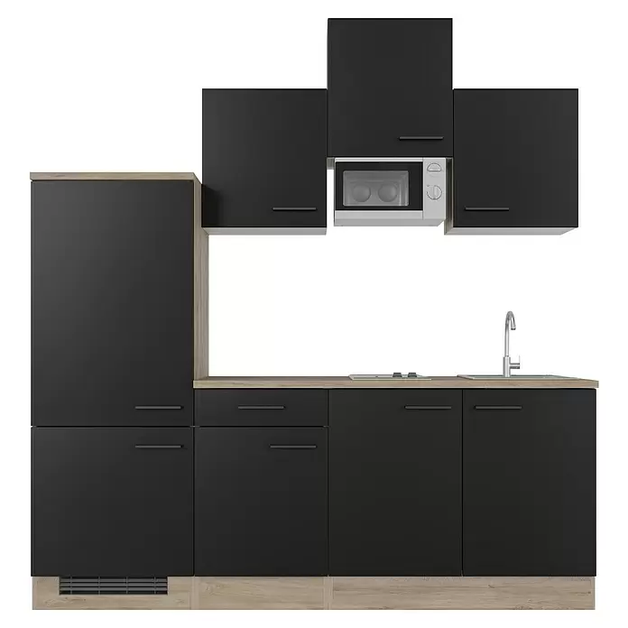 Flex-Well Singleküche Capri - Breite: 210 cm, Schwarz, Mit Elektrogeräten, Mit Mikrowelle - Moderne schwarze Küche mit hellen Holzdetails, integrierter Spüle, Kochfeld und Mikrowelle.