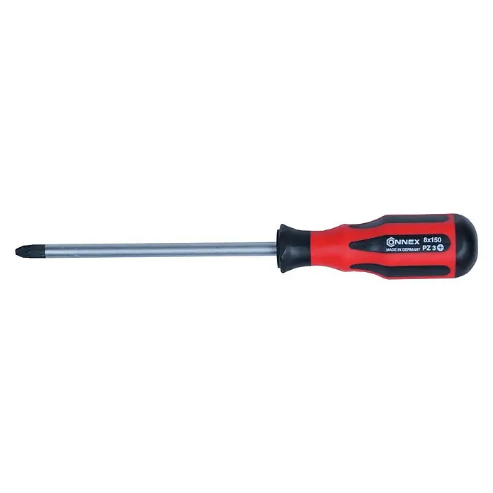 Connex Destornillador COX353013 - PZ 3, Longitud de la hoja: 150 mm - Primer plano de un destornillador Connex 8x150 PZ3, fabricado en Alemania, con mango rojo y negro.