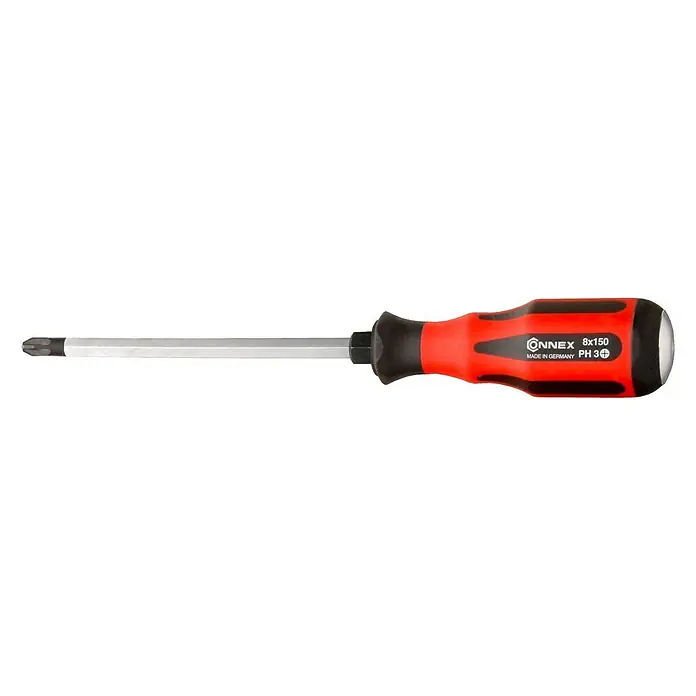 Connex Destornillador COX356003 - PH 3, Longitud de la hoja: 150 mm - Un destornillador Phillips rojo Connex PH 3 con mango negro. Herramienta para artesanos y aficionados al bricolaje, Made in Germany.