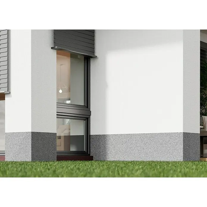 Probau WDVS-Buntsteinputz - Weiß/Schwarz, 25 kg - Nahaufnahme eines modernen Gebäudes mit einem Fenster, das mit Rollläden ausgestattet ist. Die Fassade ist in Weiß und Grau gehalten.