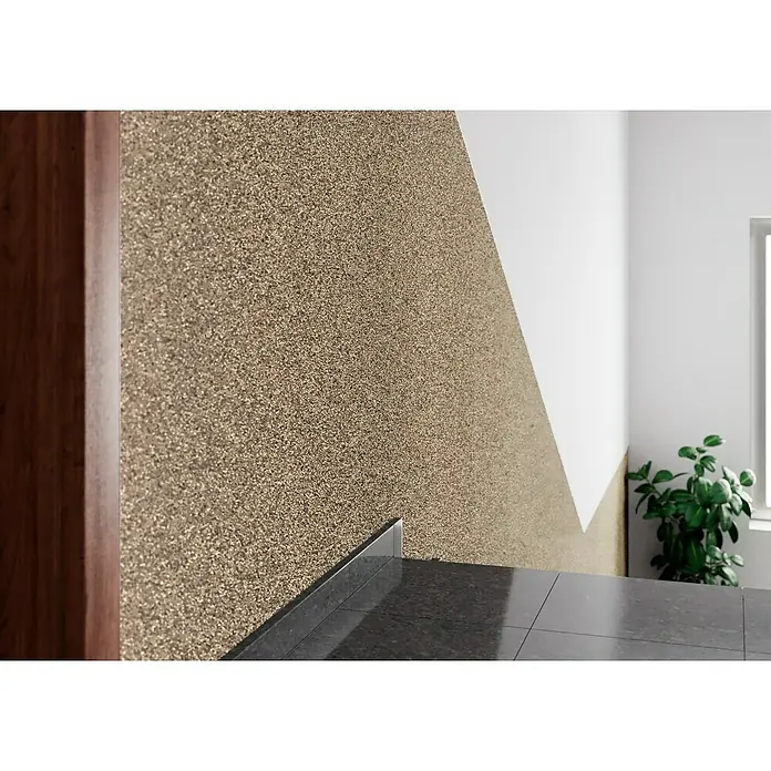 swingcolor Buntsteinputz - Korngröße: 2 - 3 mm, 20 kg, Nr. 50 - Detailaufnahme einer Wand mit auffälliger Textur und Farbgestaltung, die den Fokus auf das Produktdesign legt.