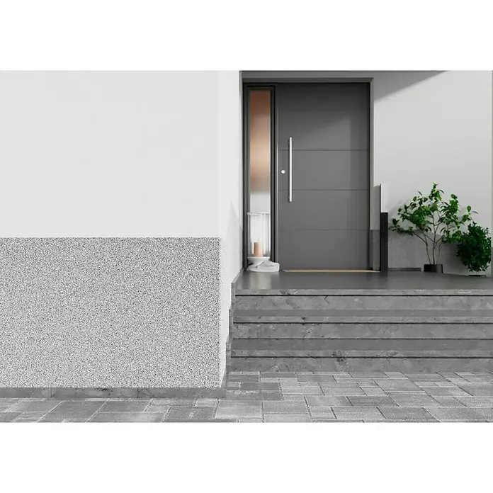Probau WDVS-Buntsteinputz - Weiß/Schwarz, 25 kg - Fassade eines Hauses mit einer grauen Tür und Treppe, akzentuiert durch einen Pflanzkübel mit Pflanzen.