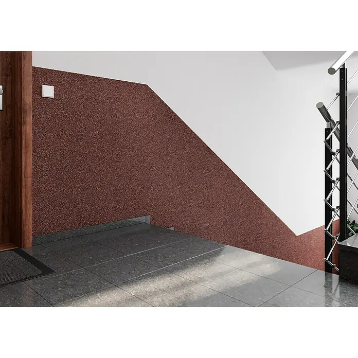 Probau WDVS-Buntsteinputz - Weiß/Rot/Schwarz, 25 kg - Innenaufnahme eines Treppenhauses mit rotbrauner Wand, Fliesenboden und Treppengeländer.
