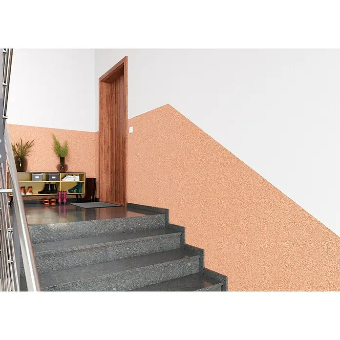 Probau WDVS-Buntsteinputz - Weiß/Orange/Rot, 25 kg - Ein Innenraum mit einer Treppe aus grauem Stein, einem Holzrahmen und einem Regal mit Pflanzen. Die Wände sind in Orange und Weiß gehalten.