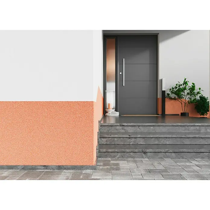 Probau WDVS-Buntsteinputz - Weiß/Orange/Rot, 25 kg - Das Bild zeigt eine moderne Haustür mit einem langen, silbernen Griff, die sich in einem stilvollen Haus befindet.