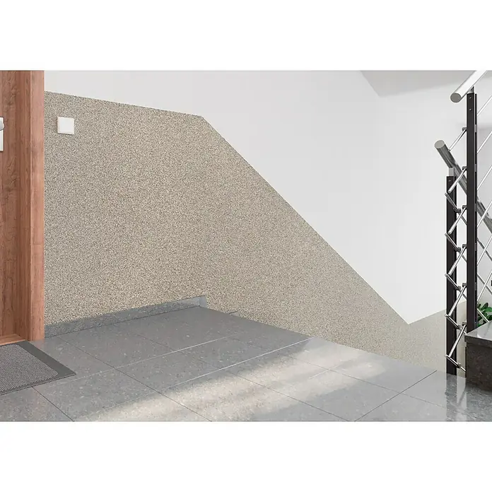 swingcolor Buntsteinputz - Korngröße: 2 - 3 mm, 20 kg, Nr. 51 - Das Bild zeigt einen stilvollen Innenraum mit einem Treppenaufgang, der durch eine moderne Geländerkonstruktion akzentuiert wird.