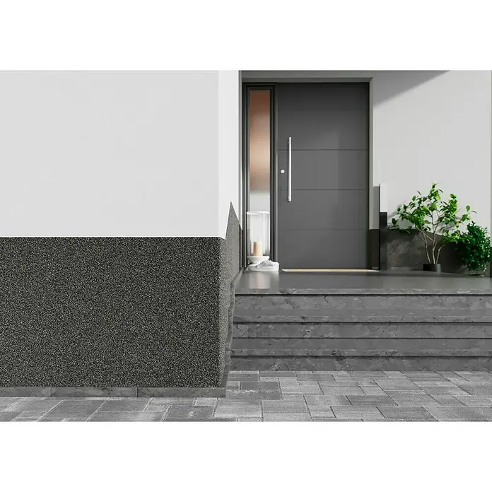 swingcolor Buntsteinputz - Korngröße: 2 - 3 mm, 20 kg, Nr. 53 - Modernes Haus mit stilvoller Fassade und Eingangsbereich. Die Fassade kombiniert elegant Weiß mit einer dunklen, strukturierten Beschichtung.