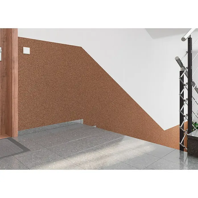 swingcolor Buntsteinputz - Korngröße: 2 - 3 mm, 20 kg, Nr. 52 - Wandgestaltung mit einem Strukturputz in einem Treppenhaus. Die Kombination aus braunem und weißem Putz sorgt für einen modernen Look.