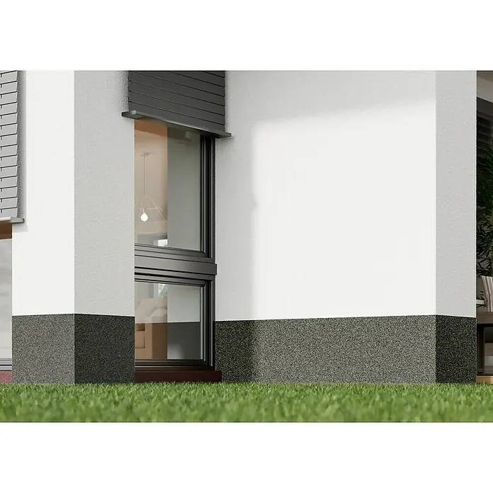 swingcolor Buntsteinputz - Korngröße: 2 - 3 mm, 20 kg, Nr. 53 - Nahaufnahme einer Hausfassade mit Fenster und Rolladen, die das moderne Design und die architektonischen Details hervorhebt.