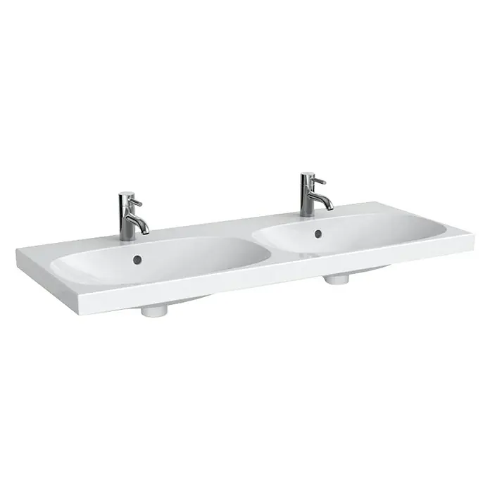 Geberit Acanto Doppelwaschtisch - 120 x 48 cm, Ohne Spezialglasur, Hahnloch: Mitte, Mit Überlauf, Weiß - Doppelwaschtisch aus Keramik mit zwei Armaturen in Chrom. Die Waschbecken sind oval geformt und in Weiß gehalten.