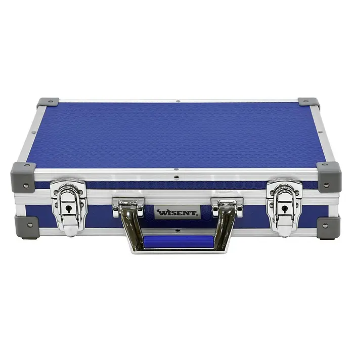 Wisent Universalkoffer - L x B x H: 400 x 250 x 90 mm, Schwarz/Rot/Grün/Blau - Blaue Wisent Aufbewahrungsbox aus Aluminium mit silbernen Beschlägen und Tragegriff.
