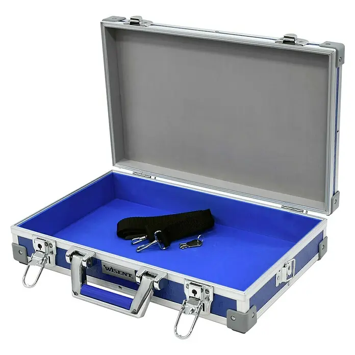 Wisent Universalkoffer - L x B x H: 400 x 250 x 90 mm, Schwarz/Rot/Grün/Blau - Geöffneter Wisent-Aluminiumkoffer mit blauem Innenraum und schwarzem Gurt. Ideal für Transport und Aufbewahrung.