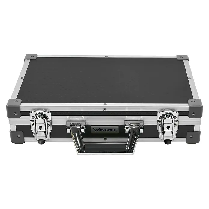 Wisent Universalkoffer - L x B x H: 400 x 250 x 90 mm, Schwarz/Rot/Grün/Blau - Eine professionelle, abschließbare Wisent-Werkzeugkiste mit robusten Metallecken für sicheren Transport und Aufbewahrung.