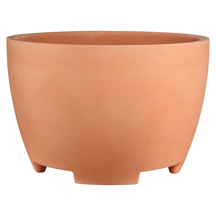 Geli Pflanzkübel rund Megalos - Außenmaß (Ø x H): 80 x 53 cm, Kunststoff, Terrakotta - Nahaufnahme eines terracottafarbenen Blumentopfs mit minimalistischem Design und integrierten Füßen.