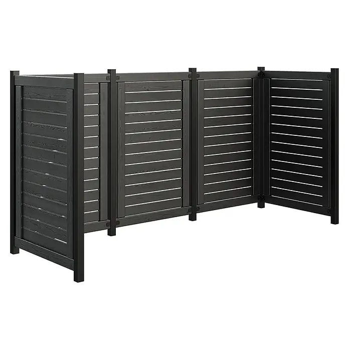 Plus Mülltonnenverkleidung Lund - Schwarz, Geeignet für Anzahl Mülltonnen: 3 Stk. - Schwarzer Sichtschutzzaun für den Außenbereich. Das Produkt besteht aus Holz und bietet Privatsphäre im Garten oder auf der Terrasse.