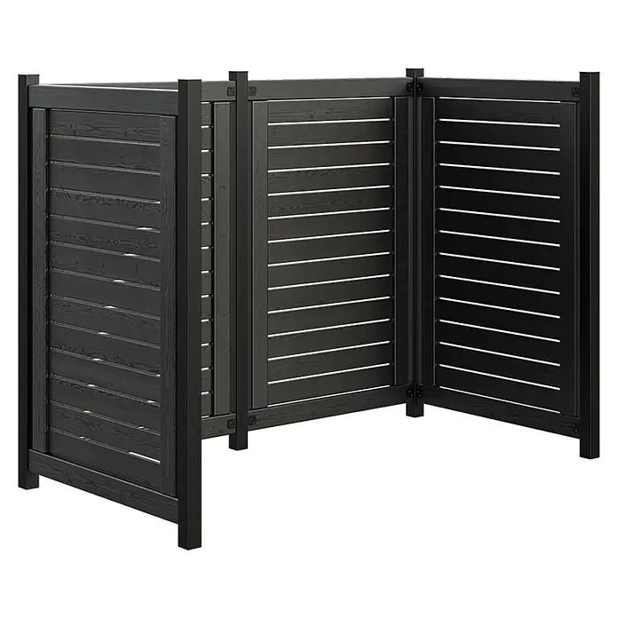 Plus Mülltonnenverkleidung Lund - Schwarz, Geeignet für Anzahl Mülltonnen: 2 Stk. - Mülltonnenbox aus dunklem Holz mit horizontalen Lamellen, die eine stilvolle und diskrete Aufbewahrungslösung bietet.