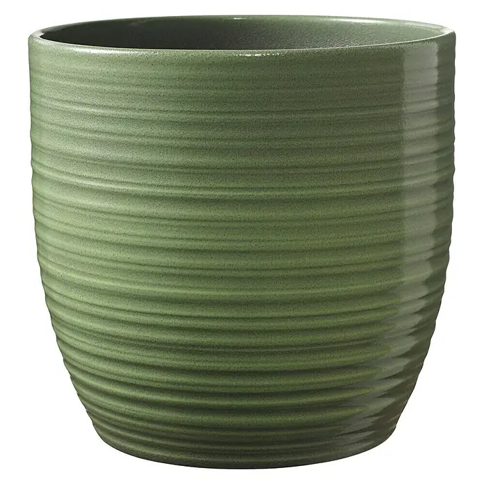 Soendgen Keramik Übertopf rund BergamoAußenmaß (Ø x H): 13 x 12 cm, Blattgrün, Keramik, Glänzend - Nahaufnahme eines grünen, gewellten Blumentopfs, der sich ideal für Zimmerpflanzen oder zur stilvollen Dekoration Ihres Zuhauses eignet.
