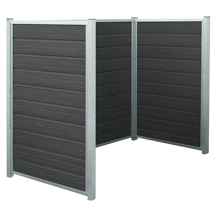 Plus Mülltonnenverkleidung Artura - Holz, Schiefergrau - Dunkelgraue Sichtschutzwände aus WPC mit silbernen Metallpfosten, eckförmig. Modulares Zaunsystem.