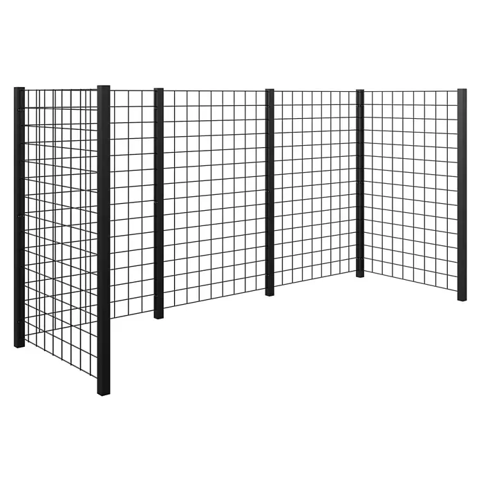 Plus Mülltonnenverkleidung - Stahl, Schwarz - Drei schwarze Metallgitterwände in einem Winkel angeordnet, ideal zur Dekoration oder als Raumteiler. Das Gitterdesign bietet vielseitige Einsatzmöglichkeiten.