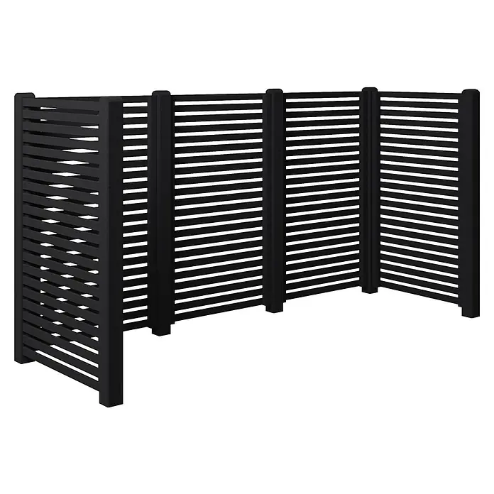 Plus Mülltonnenverkleidung Tokyo - Holz, Schwarz, Geeignet für Anzahl Mülltonnen: 3 Stk. - Eine schwarze, dreiteilige Sichtschutzwand mit horizontalen Lamellen, die Privatsphäre und einen modernen Look für Außenbereiche bietet.