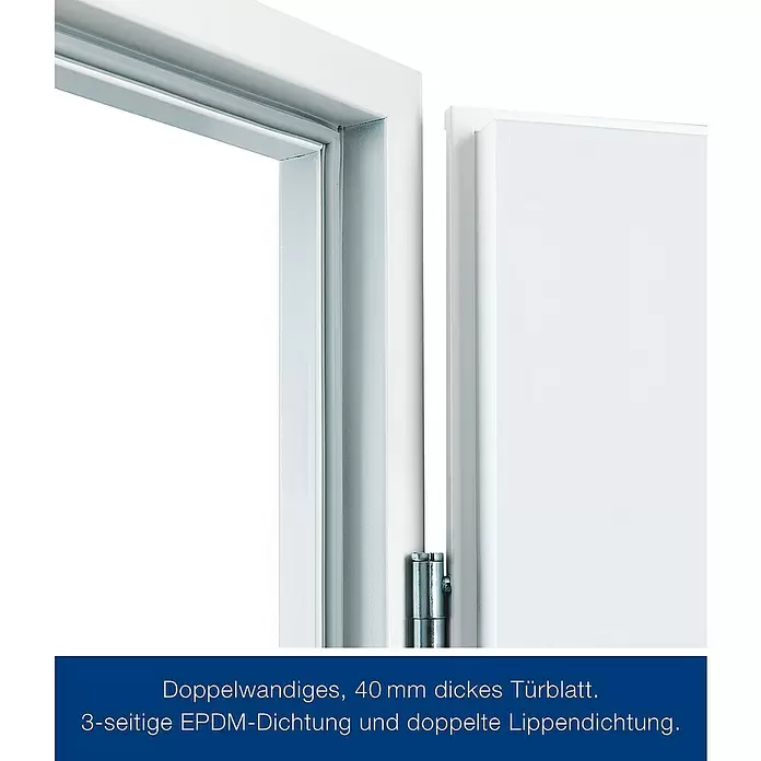 Hörmann Stahlschutztür KSI - 100 x 200 cm, DIN Anschlag: Links, Weiß - Weißes, doppelwandiges, 40 mm dickes Türblatt mit 3-seitiger EPDM- und doppelter Lippendichtung.