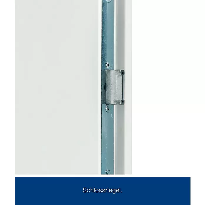Hörmann Stahlschutztür KSI - 100 x 200 cm, DIN Anschlag: Links, Weiß - Schlossriegel aus Metall mit Schrauben in einem weißen Türrahmen.