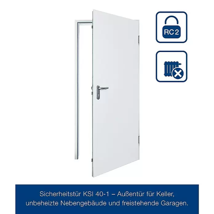 Hörmann Stahlschutztür KSI - 87,5 x 200 cm, DIN Anschlag: Rechts, Weiß - Weiße RC2 Sicherheitstür für unbeheizte Außenbereiche wie Keller, Nebengebäude und Garagen.