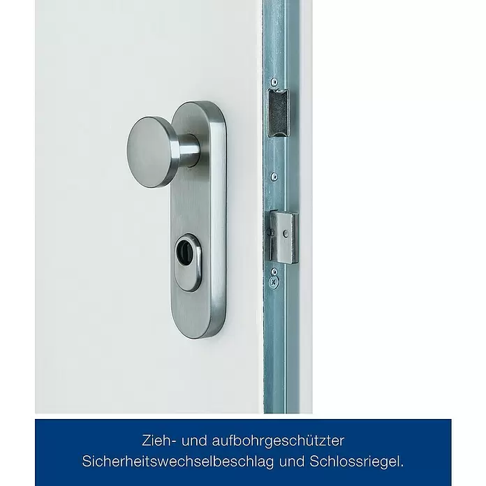 Hörmann Stahlschutztür KSI - 100 x 200 cm, DIN Anschlag: Links, Weiß - Gebürsteter Edelstahl-Sicherheitswechselbeschlag mit Knauf, Schlüsselloch und Riegel, zieh- und aufbohrgeschützt.